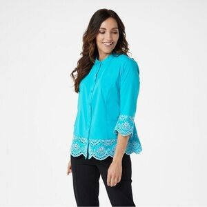 NEW Bob Mackie Women Top XS Blue‎ White Embroidered Prairie Boho Preppy Summer
